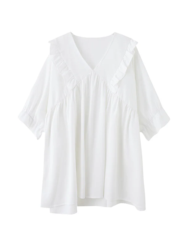 Loose Ruffle Sleeves Ruffled Solid Color Peter Pan Collar Blouses&Shirts Tops - Image 12