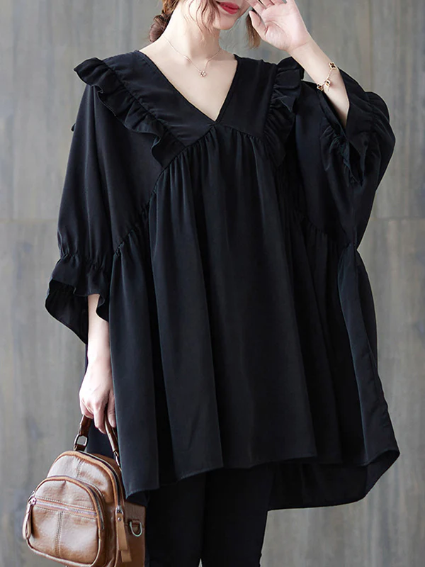 Loose Ruffle Sleeves Ruffled Solid Color Peter Pan Collar Blouses&Shirts Tops - Image 2