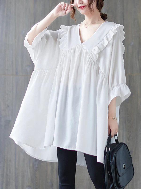 Loose Ruffle Sleeves Ruffled Solid Color Peter Pan Collar Blouses&Shirts Tops - Image 3
