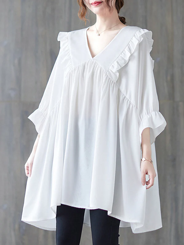 Loose Ruffle Sleeves Ruffled Solid Color Peter Pan Collar Blouses&Shirts Tops - Image 4