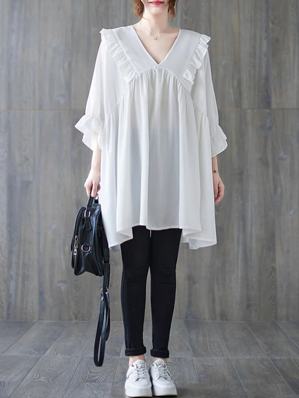 Loose Ruffle Sleeves Ruffled Solid Color Peter Pan Collar Blouses&Shirts Tops - Image 5