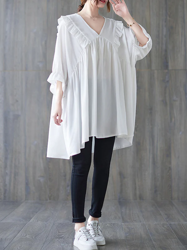 Loose Ruffle Sleeves Ruffled Solid Color Peter Pan Collar Blouses&Shirts Tops - Image 6