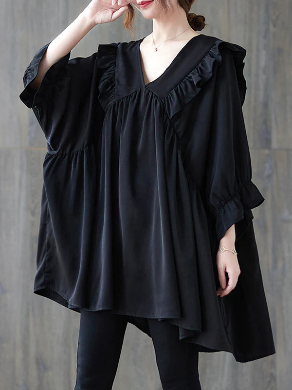 Loose Ruffle Sleeves Ruffled Solid Color Peter Pan Collar Blouses&Shirts Tops - Image 7