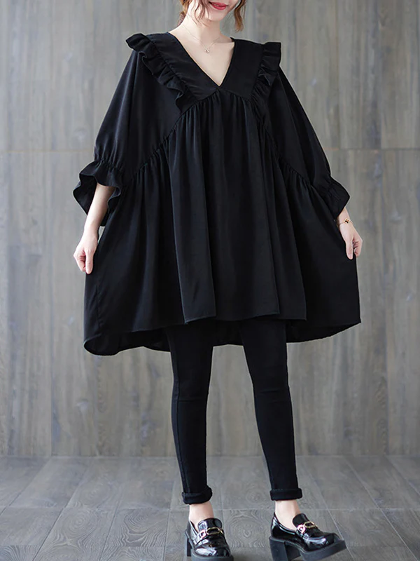 Loose Ruffle Sleeves Ruffled Solid Color Peter Pan Collar Blouses&Shirts Tops - Image 8