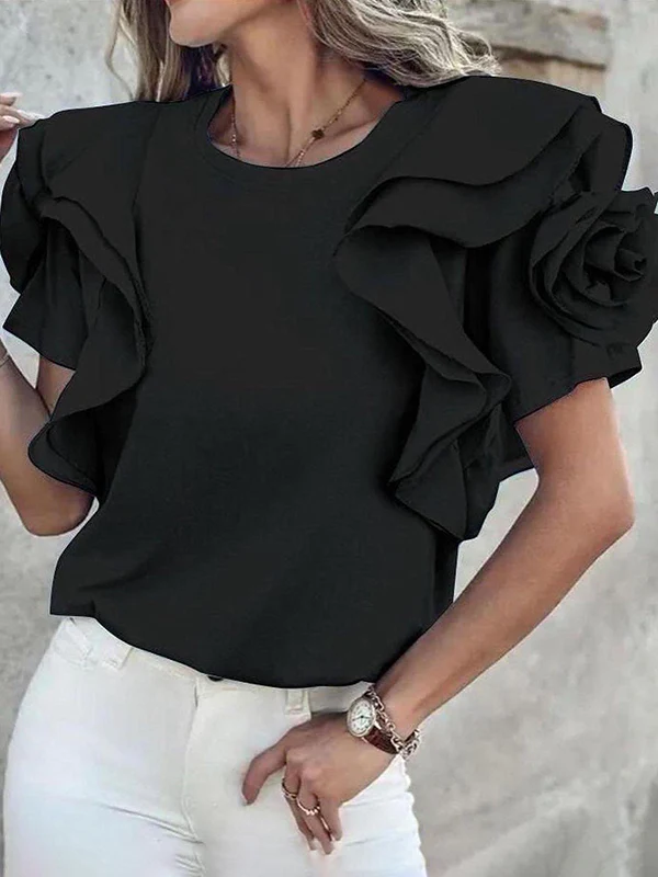 Loose Ruffle Sleeves Ruffled Solid Color Three-Dimensional Flower Round-Neck T-Shirts Tops - Image 3