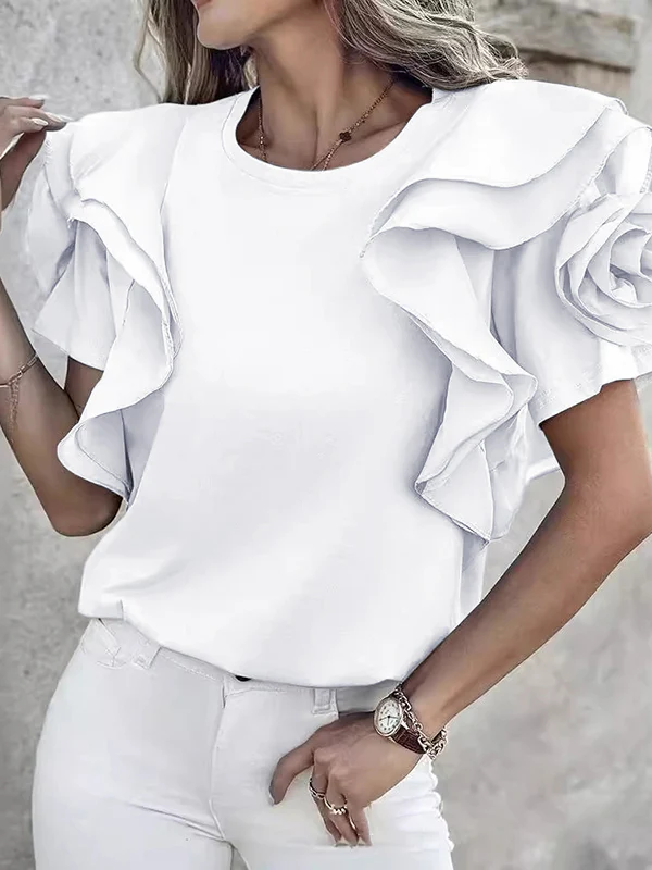 Loose Ruffle Sleeves Ruffled Solid Color Three-Dimensional Flower Round-Neck T-Shirts Tops - Image 4