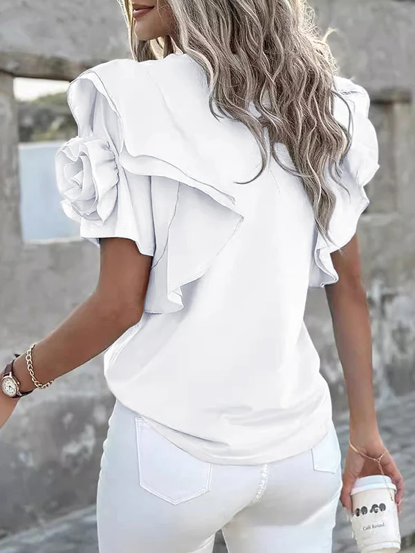 Loose Ruffle Sleeves Ruffled Solid Color Three-Dimensional Flower Round-Neck T-Shirts Tops - Image 5