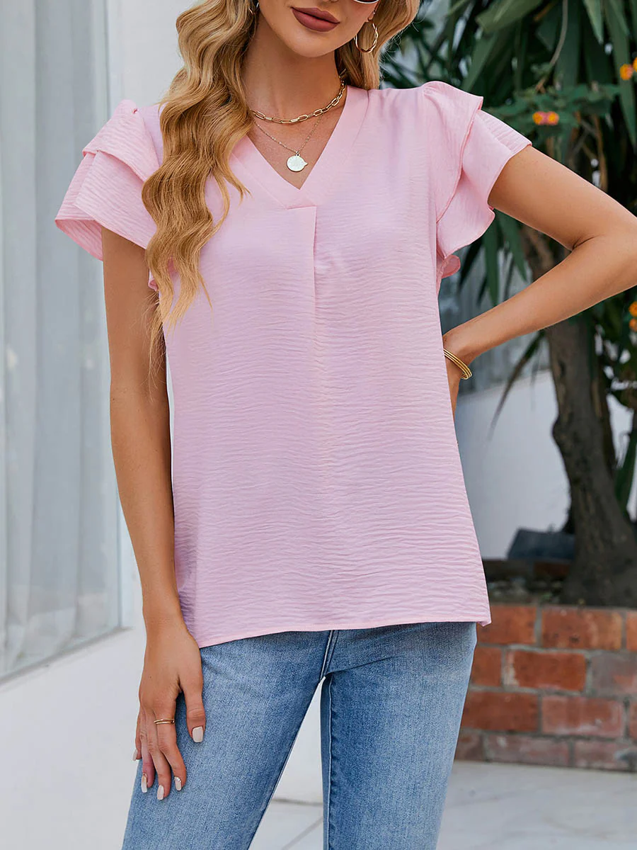 Loose Ruffle Sleeves Solid Color Split-Joint Textured V-Neck Blouses&Shirts Tops - Image 10