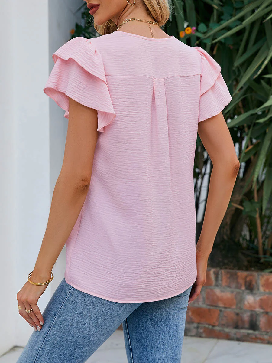 Loose Ruffle Sleeves Solid Color Split-Joint Textured V-Neck Blouses&Shirts Tops - Image 11