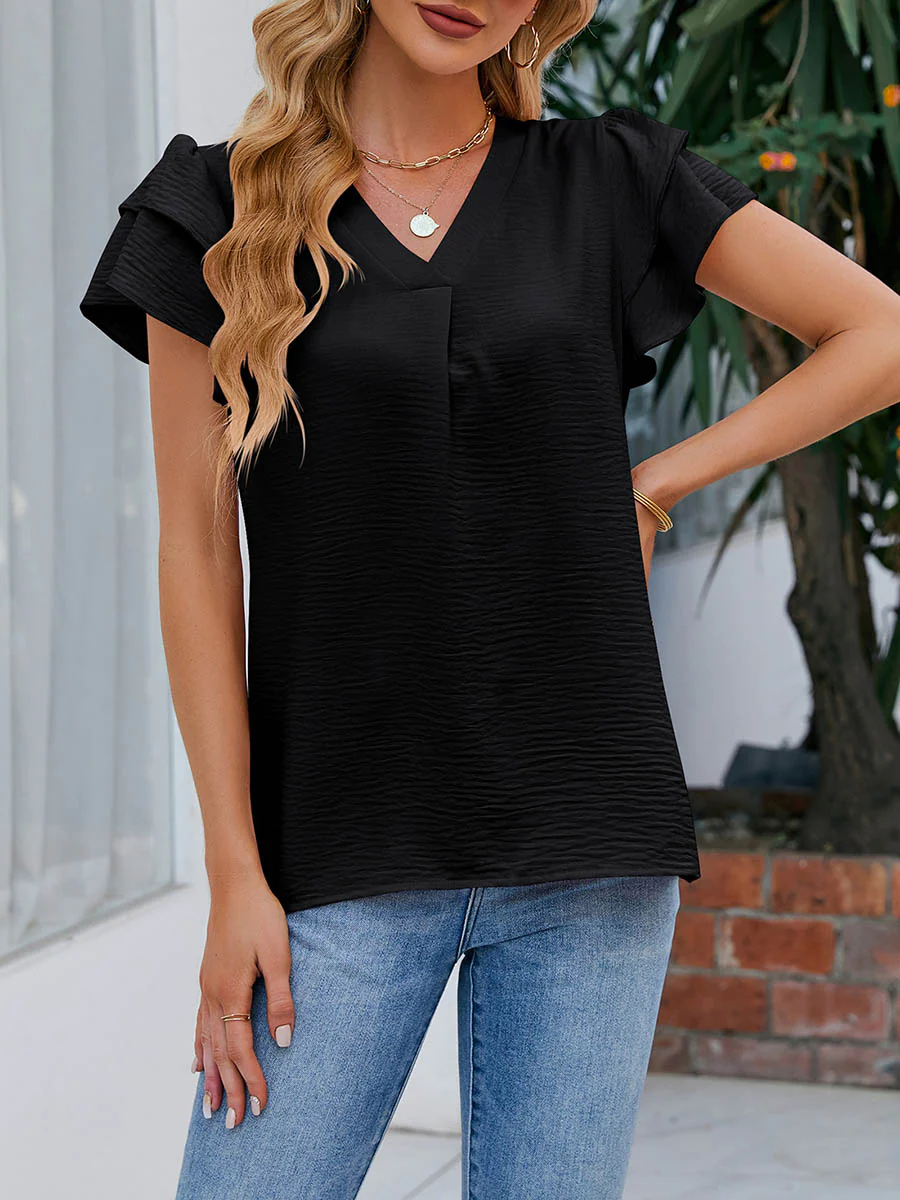 Loose Ruffle Sleeves Solid Color Split-Joint Textured V-Neck Blouses&Shirts Tops - Image 14