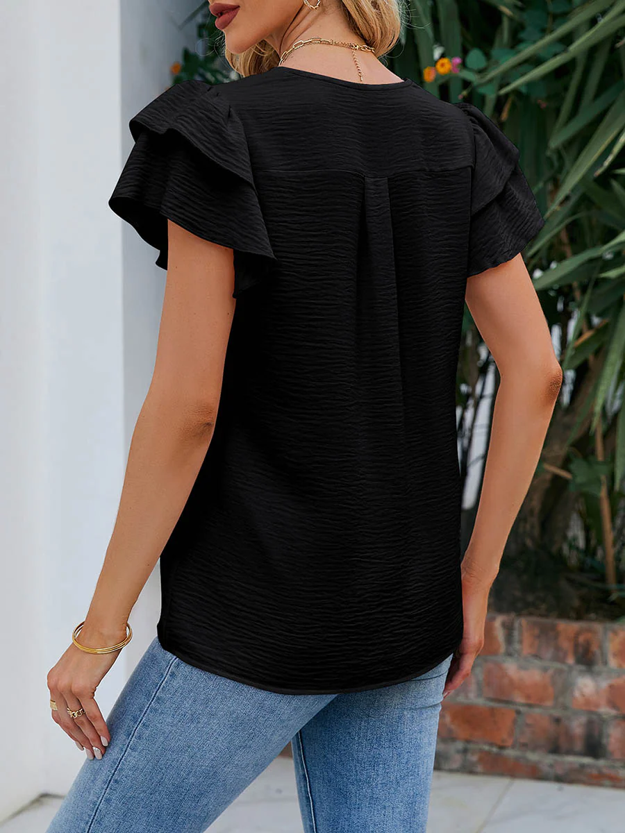 Loose Ruffle Sleeves Solid Color Split-Joint Textured V-Neck Blouses&Shirts Tops - Image 15