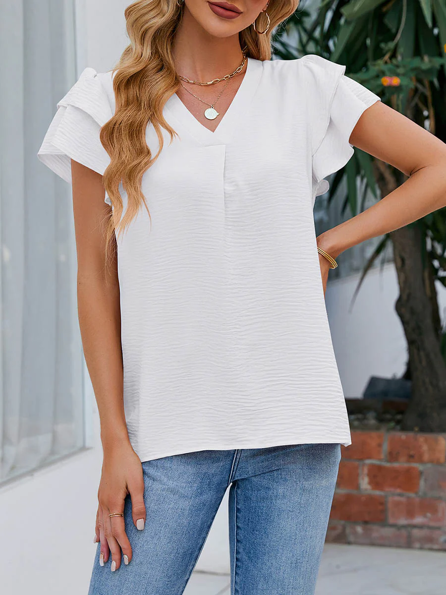 Loose Ruffle Sleeves Solid Color Split-Joint Textured V-Neck Blouses&Shirts Tops - Image 16