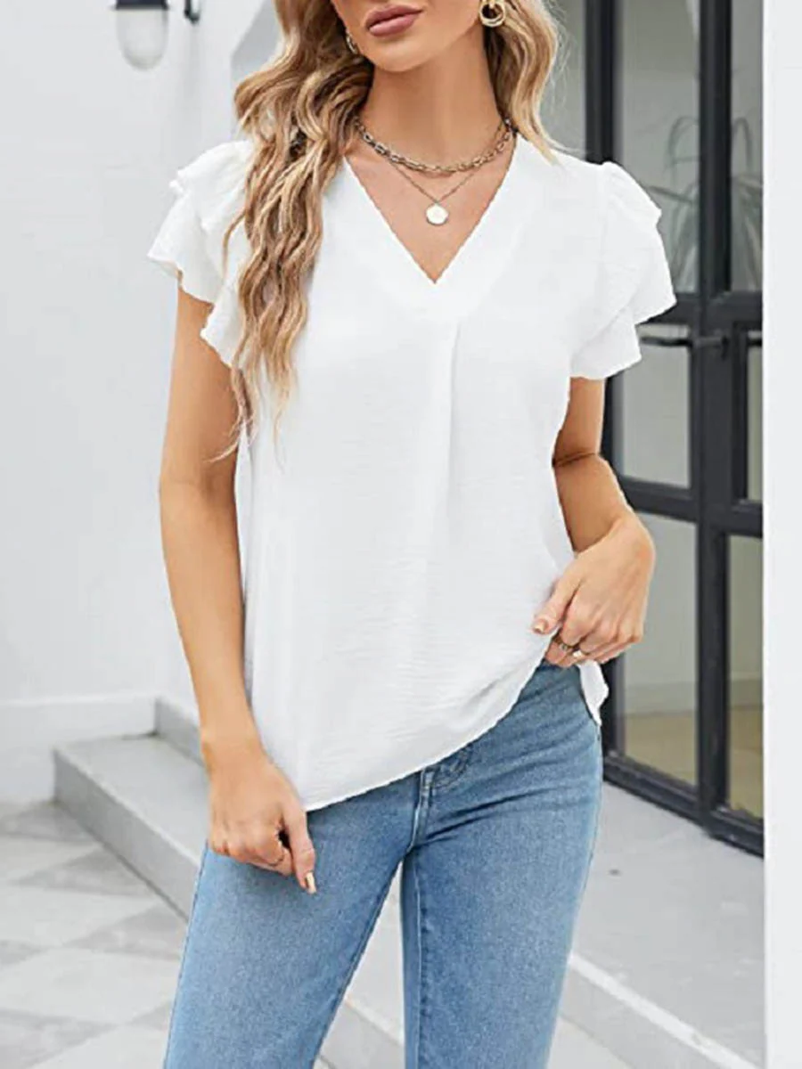 Loose Ruffle Sleeves Solid Color Split-Joint Textured V-Neck Blouses&Shirts Tops - Image 20