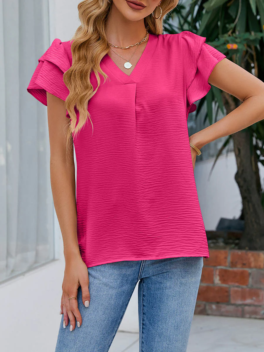 Loose Ruffle Sleeves Solid Color Split-Joint Textured V-Neck Blouses&Shirts Tops - Image 6