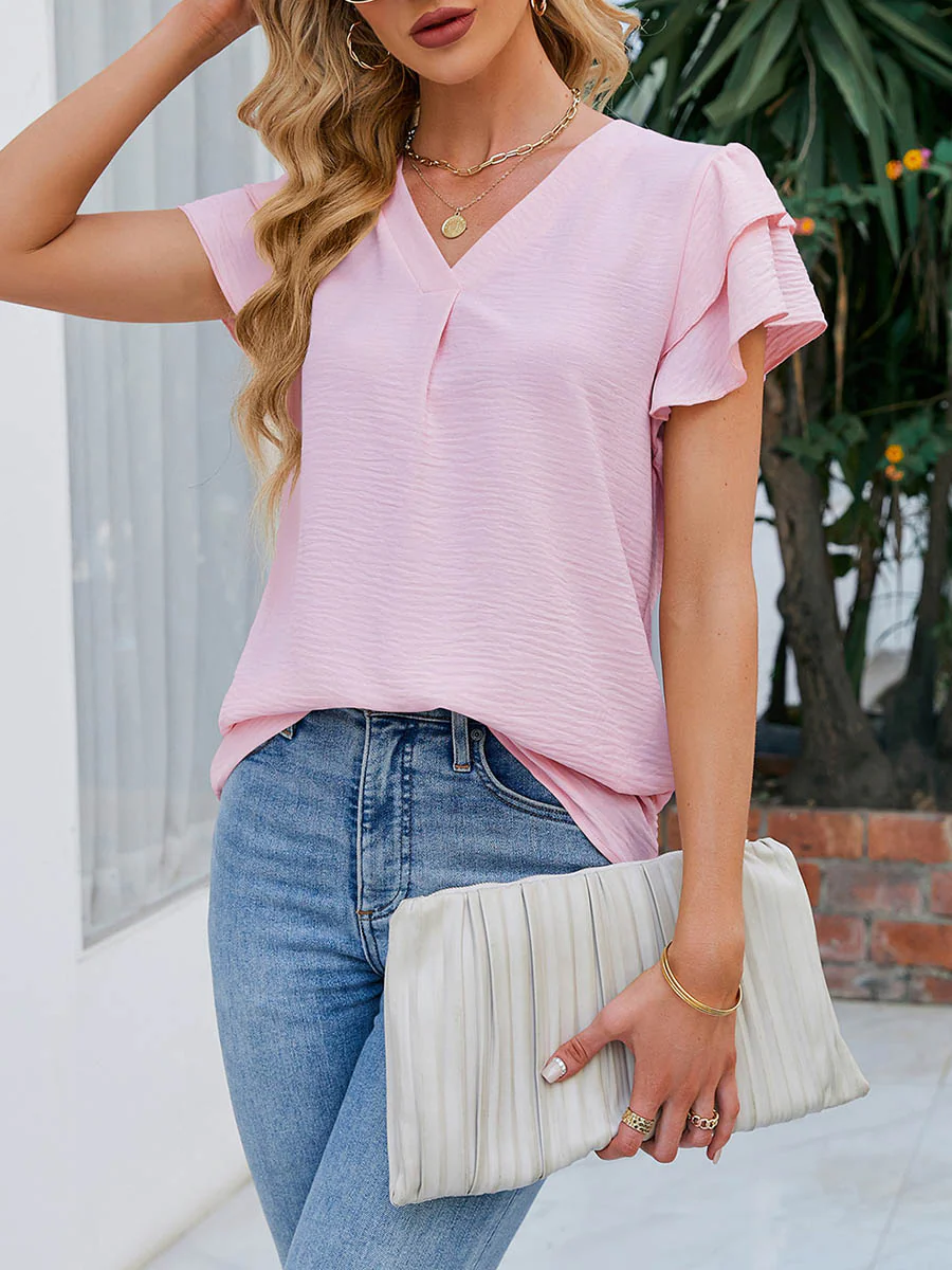 Loose Ruffle Sleeves Solid Color Split-Joint Textured V-Neck Blouses&Shirts Tops - Image 9