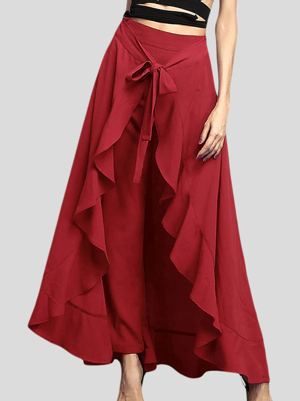 Loose Ruffle Trim Solid Color Split-Joint Tied Waist Zipper Culotte - Image 2