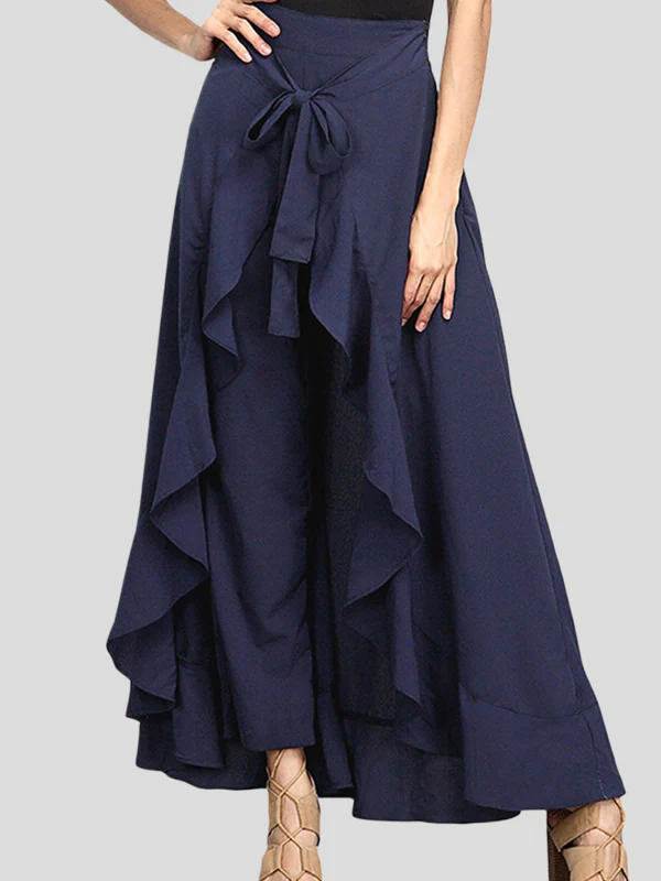 Loose Ruffle Trim Solid Color Split-Joint Tied Waist Zipper Culotte - Image 3