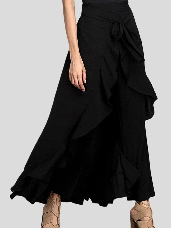 Loose Ruffle Trim Solid Color Split-Joint Tied Waist Zipper Culotte - Image 4