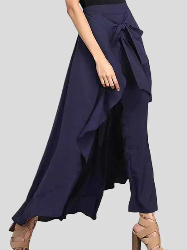 Loose Ruffle Trim Solid Color Split-Joint Tied Waist Zipper Culotte - Image 5