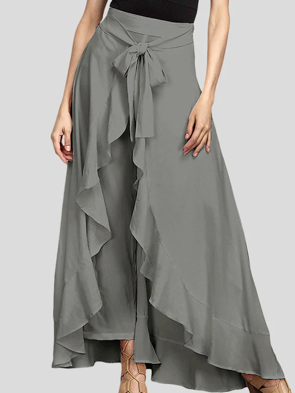 Loose Ruffle Trim Solid Color Split-Joint Tied Waist Zipper Culotte - Image 6