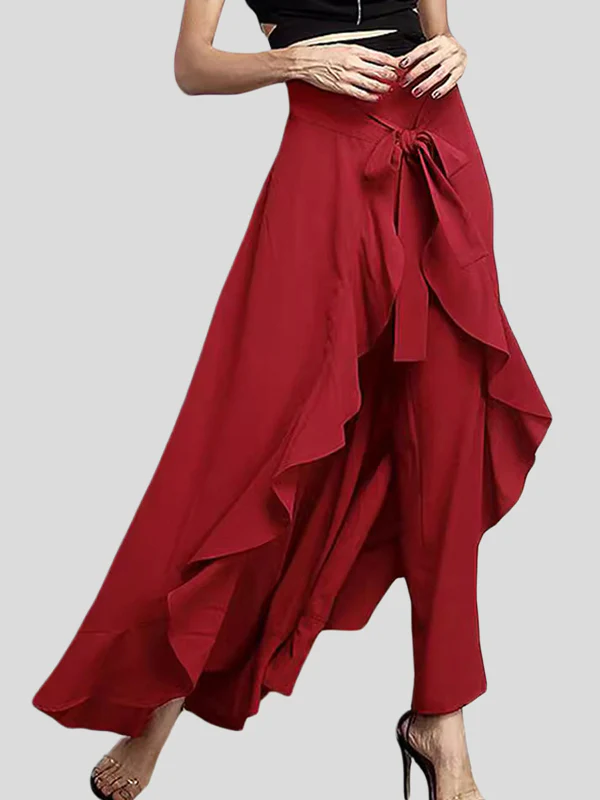 Loose Ruffle Trim Solid Color Split-Joint Tied Waist Zipper Culotte - Image 7