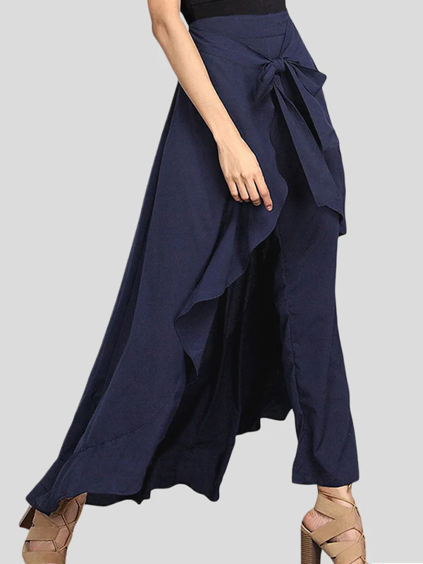 Loose Ruffle Trim Solid Color Split-Joint Tied Waist Zipper Culotte - Image 8