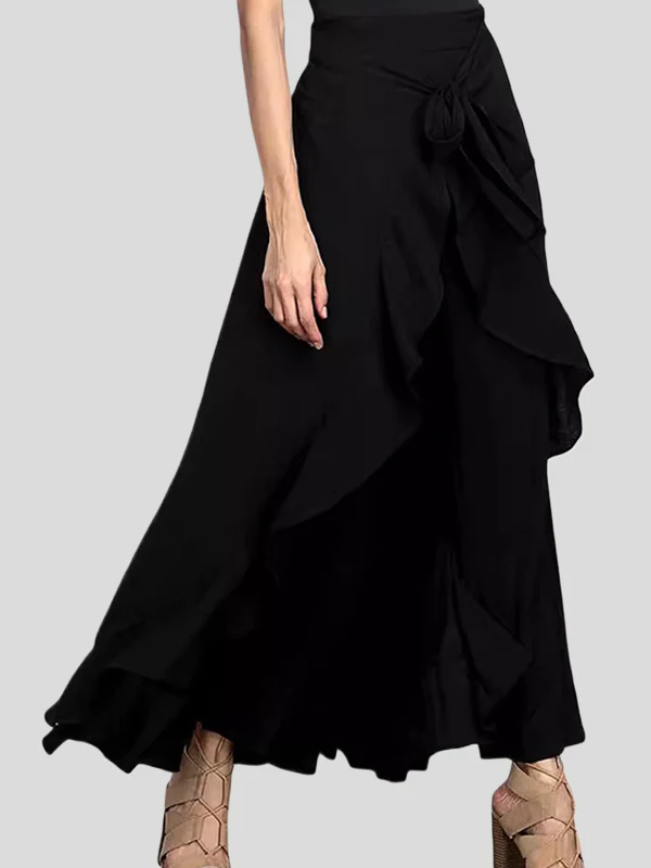 Loose Ruffle Trim Solid Color Split-Joint Tied Waist Zipper Culotte - Image 9