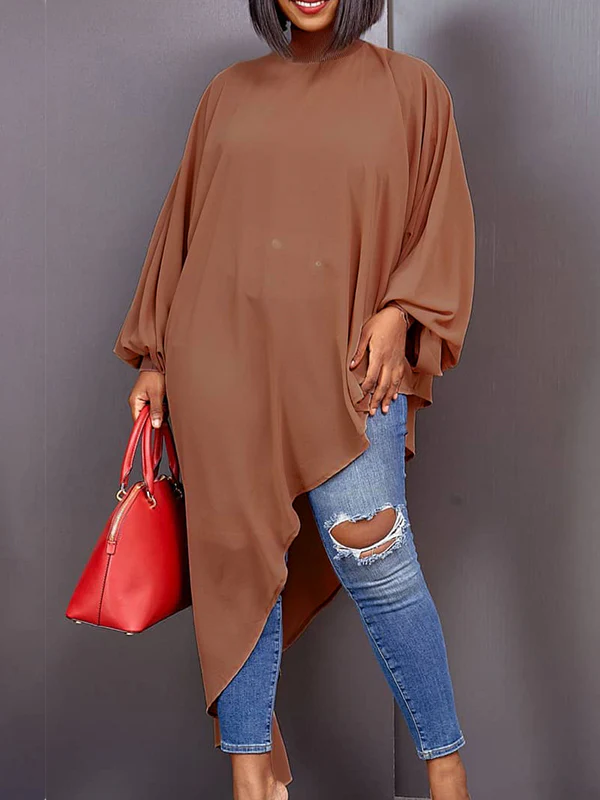 Loose See-Through Long Sleeves Asymmetric Solid Color High-Neck T-Shirts Tops - Image 2