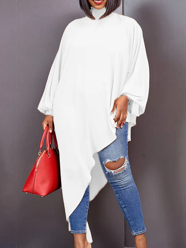 Loose See-Through Long Sleeves Asymmetric Solid Color High-Neck T-Shirts Tops - Image 3