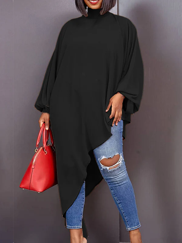 Loose See-Through Long Sleeves Asymmetric Solid Color High-Neck T-Shirts Tops - Image 4