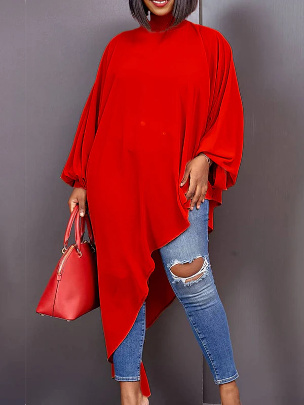 Loose See-Through Long Sleeves Asymmetric Solid Color High-Neck T-Shirts Tops - Image 5