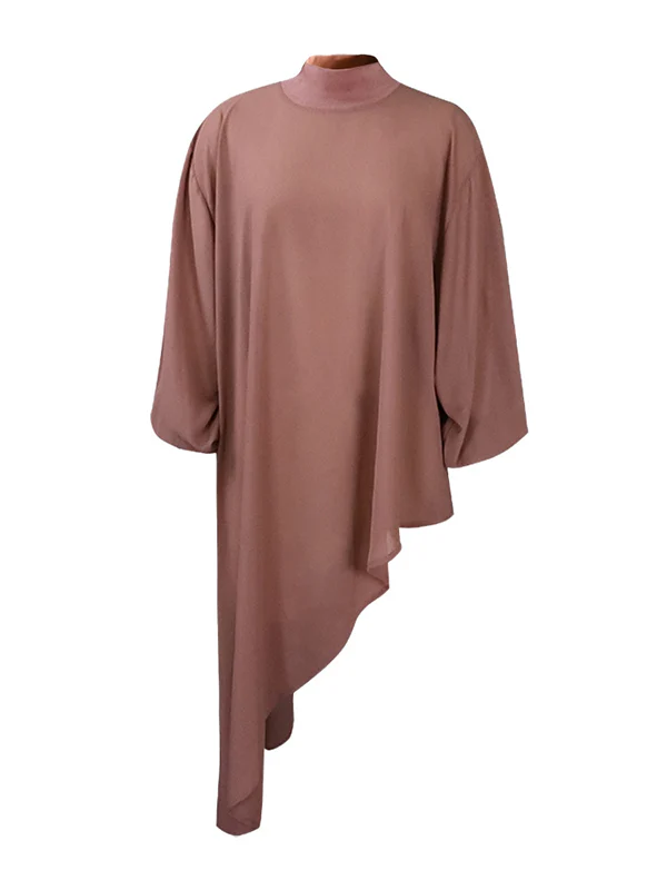 Loose See-Through Long Sleeves Asymmetric Solid Color High-Neck T-Shirts Tops - Image 6