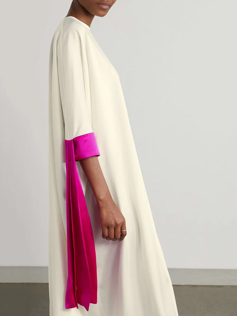 Loose Seven-Quarter Sleeves Contrast Color Round-Neck Midi Dresses - Image 3