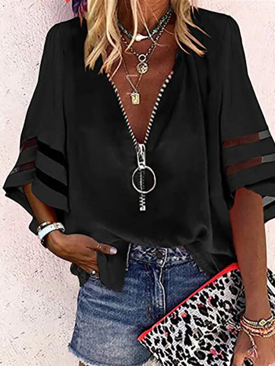 Loose Seven-Quarter Sleeves Hollow Solid Color Split-Joint Zipper Stand Collar Blouses&Shirts Tops - Image 2