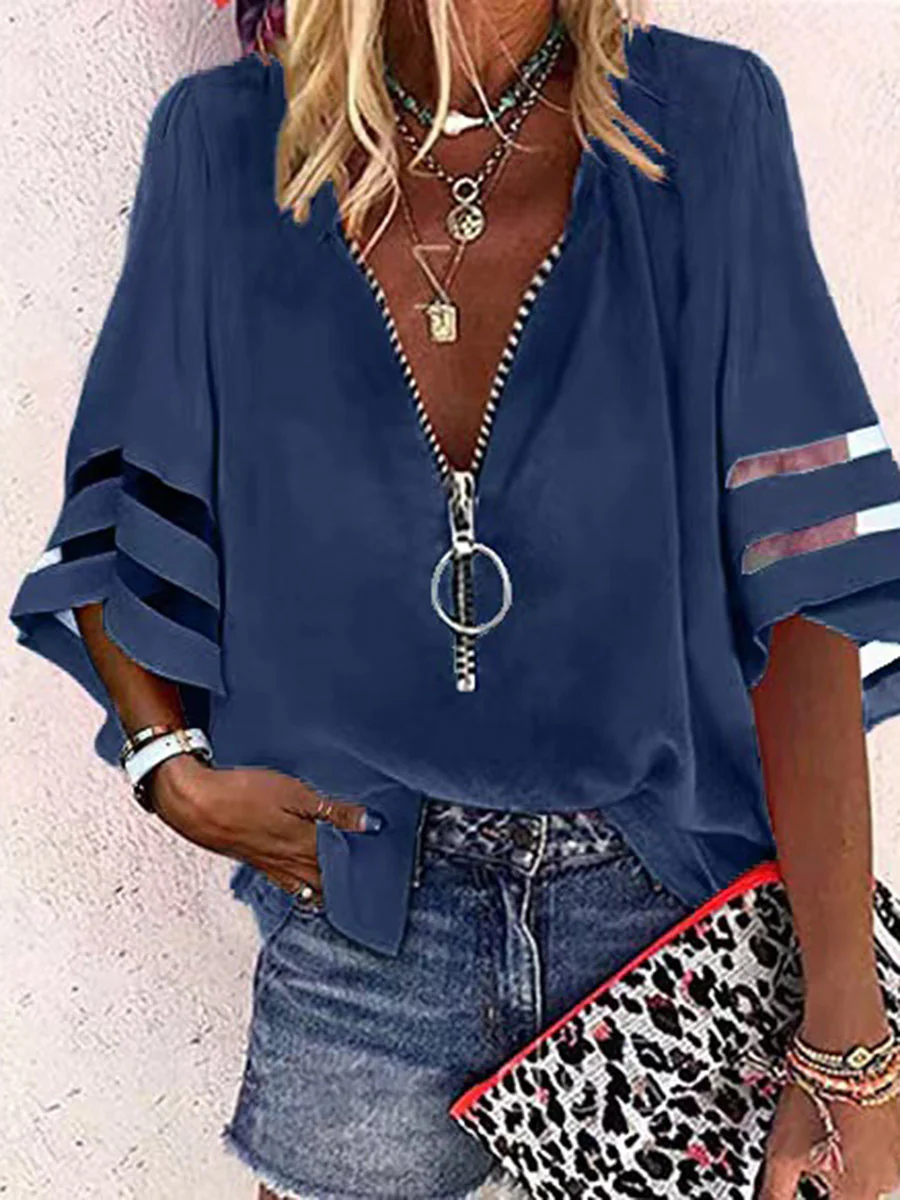Loose Seven-Quarter Sleeves Hollow Solid Color Split-Joint Zipper Stand Collar Blouses&Shirts Tops - Image 3