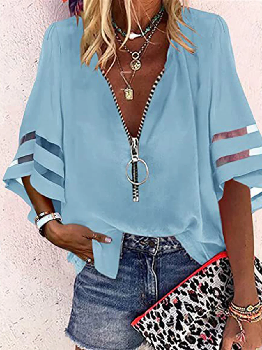 Loose Seven-Quarter Sleeves Hollow Solid Color Split-Joint Zipper Stand Collar Blouses&Shirts Tops - Image 4