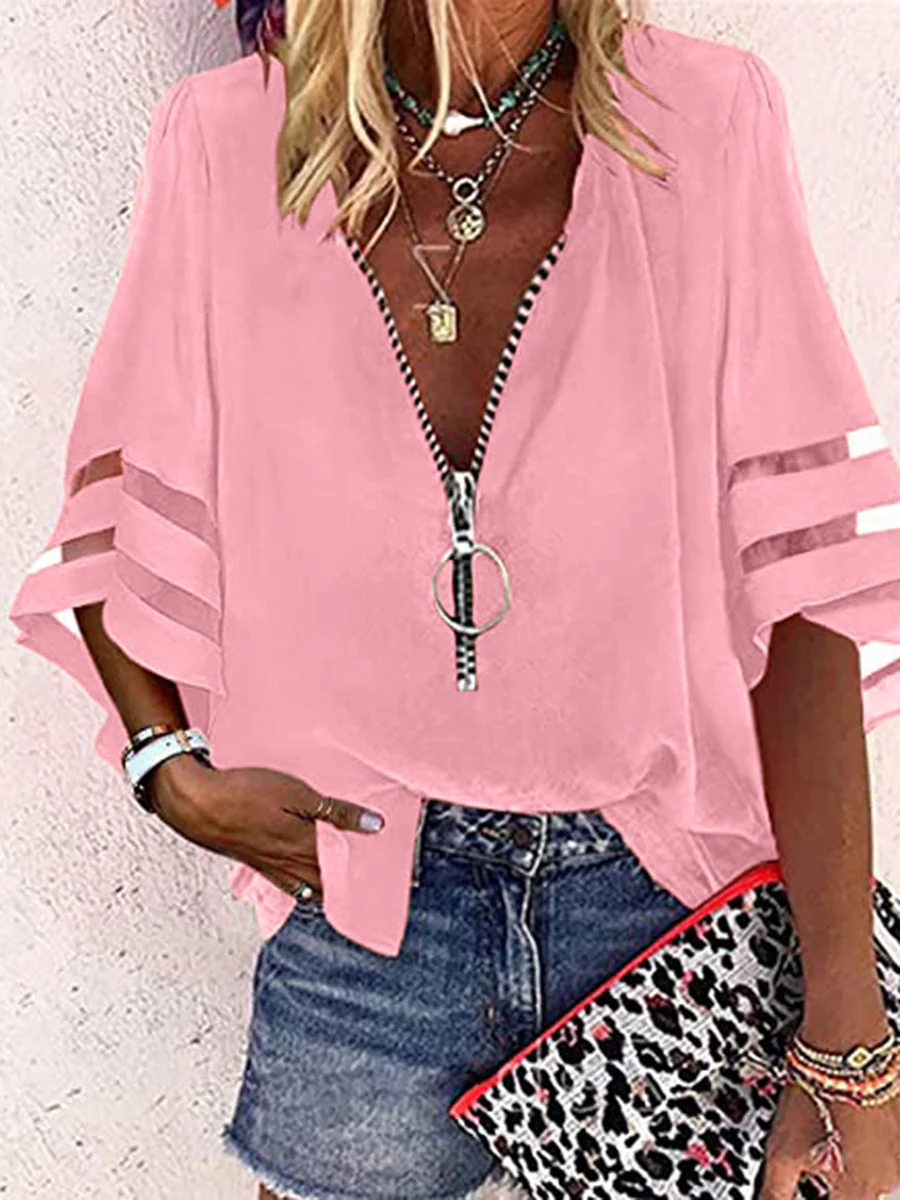 Loose Seven-Quarter Sleeves Hollow Solid Color Split-Joint Zipper Stand Collar Blouses&Shirts Tops - Image 5