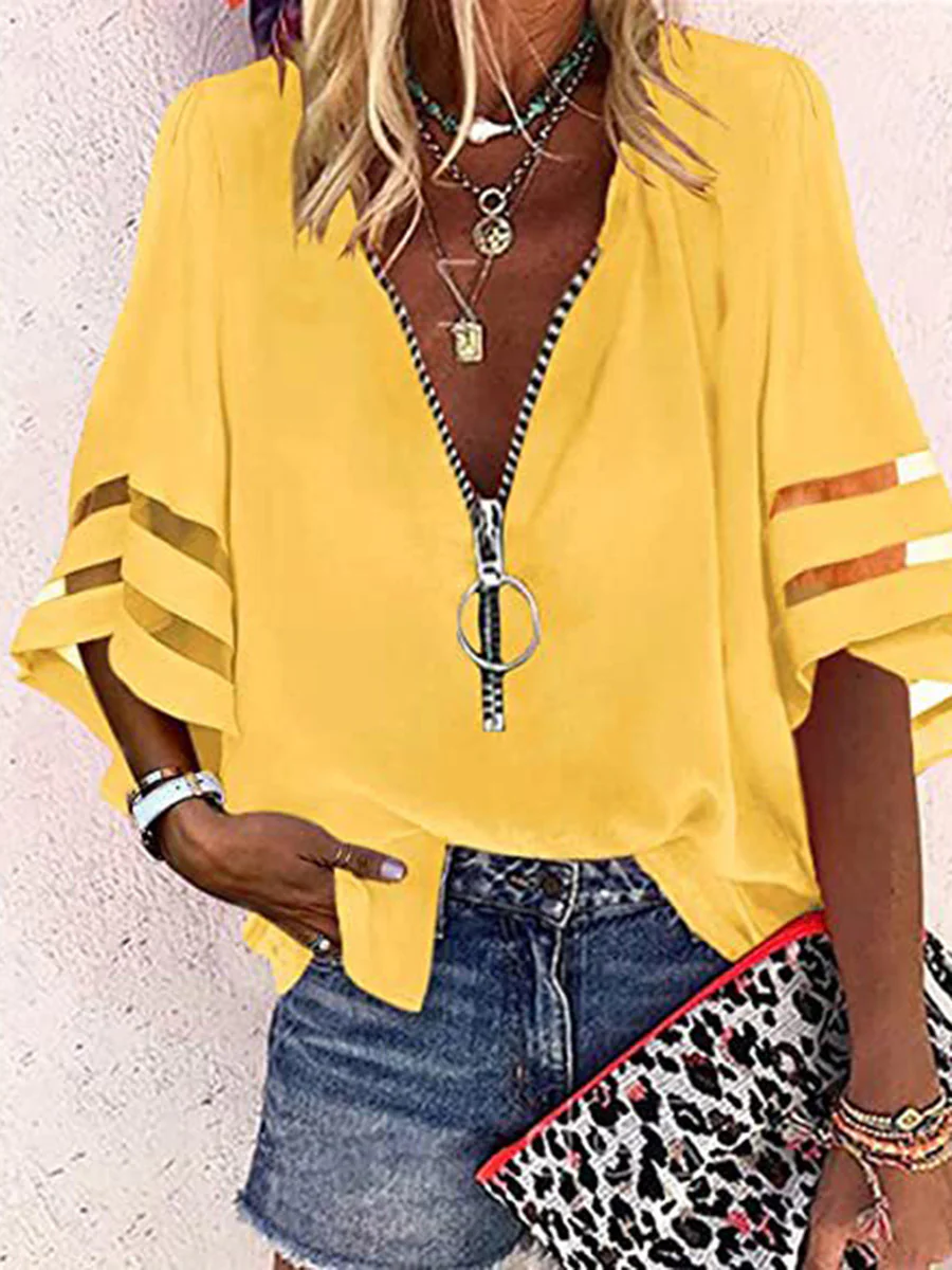 Loose Seven-Quarter Sleeves Hollow Solid Color Split-Joint Zipper Stand Collar Blouses&Shirts Tops - Image 6