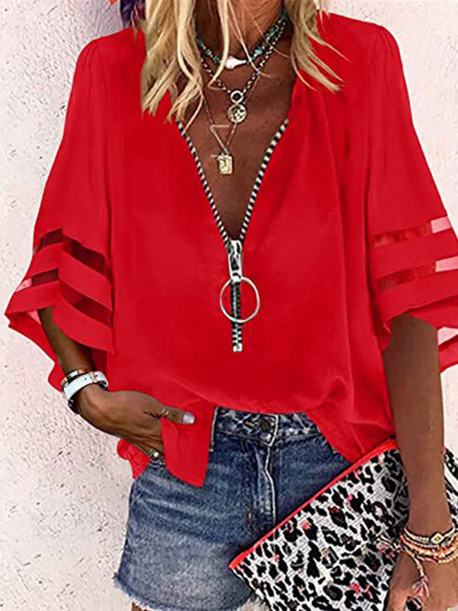Loose Seven-Quarter Sleeves Hollow Solid Color Split-Joint Zipper Stand Collar Blouses&Shirts Tops - Image 7