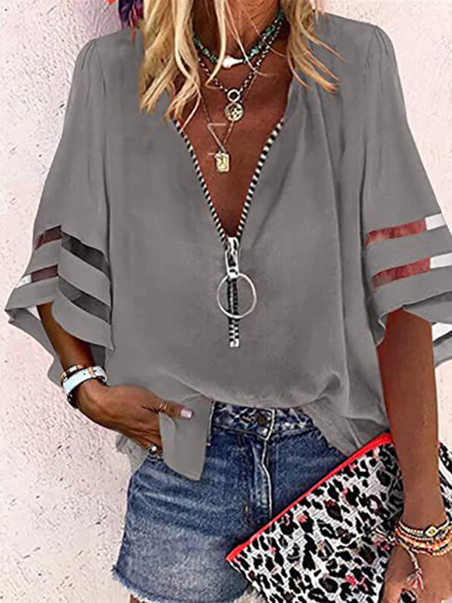 Loose Seven-Quarter Sleeves Hollow Solid Color Split-Joint Zipper Stand Collar Blouses&Shirts Tops - Image 8