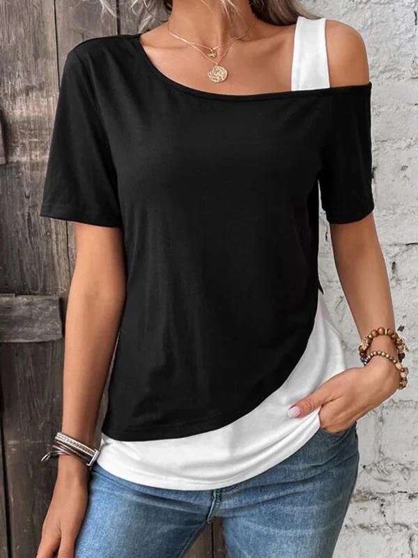 Loose Short Sleeves Asymmetric Contrast Color Split-Joint Cold Shoulder T-Shirts Tops - Image 3