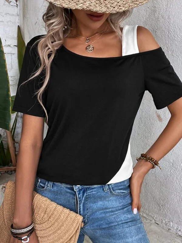 Loose Short Sleeves Asymmetric Contrast Color Split-Joint Cold Shoulder T-Shirts Tops - Image 5
