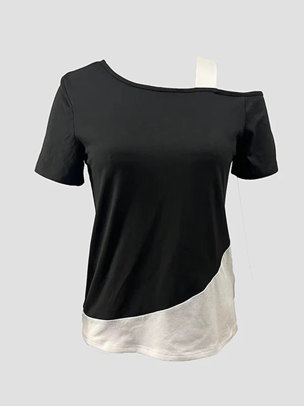 Loose Short Sleeves Asymmetric Contrast Color Split-Joint Cold Shoulder T-Shirts Tops - Image 7