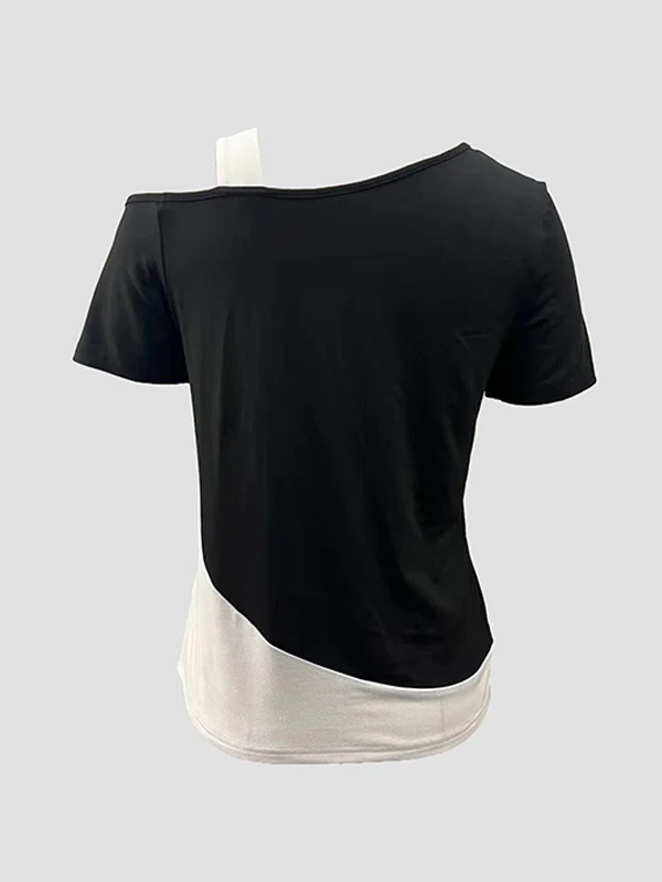 Loose Short Sleeves Asymmetric Contrast Color Split-Joint Cold Shoulder T-Shirts Tops - Image 8