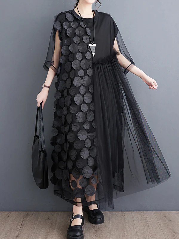 Loose Short Sleeves Asymmetric Gauze Split-Joint Round-Neck Midi Dresses - Image 10