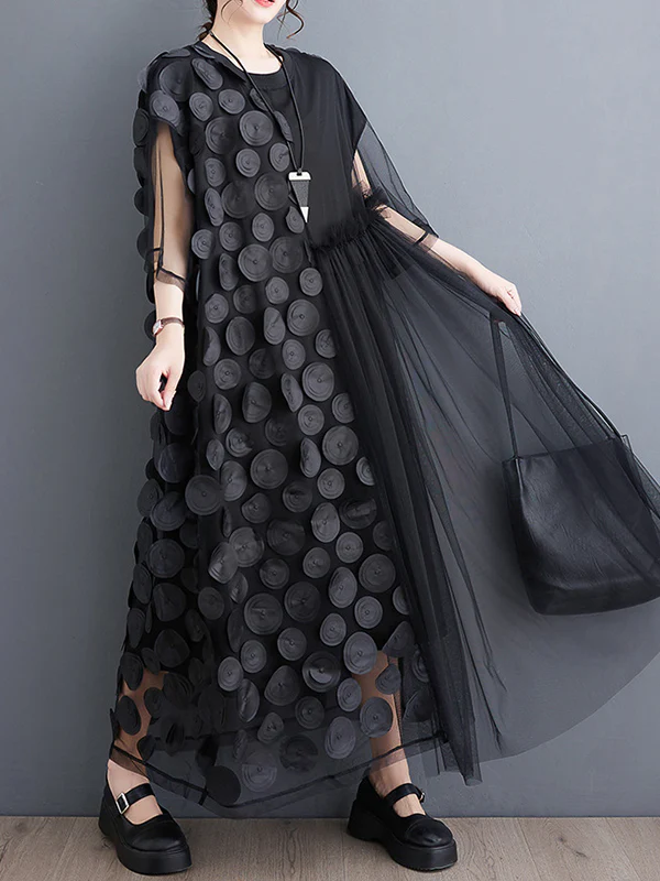 Loose Short Sleeves Asymmetric Gauze Split-Joint Round-Neck Midi Dresses - Image 12
