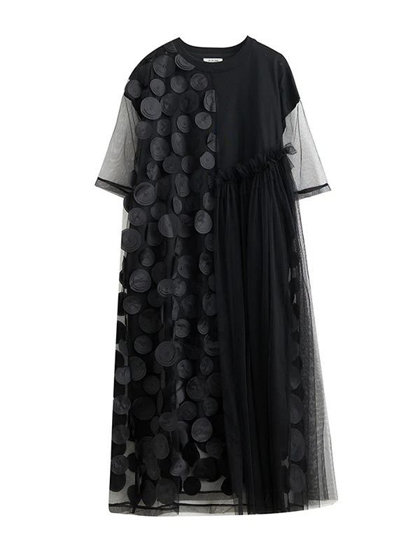Loose Short Sleeves Asymmetric Gauze Split-Joint Round-Neck Midi Dresses - Image 13