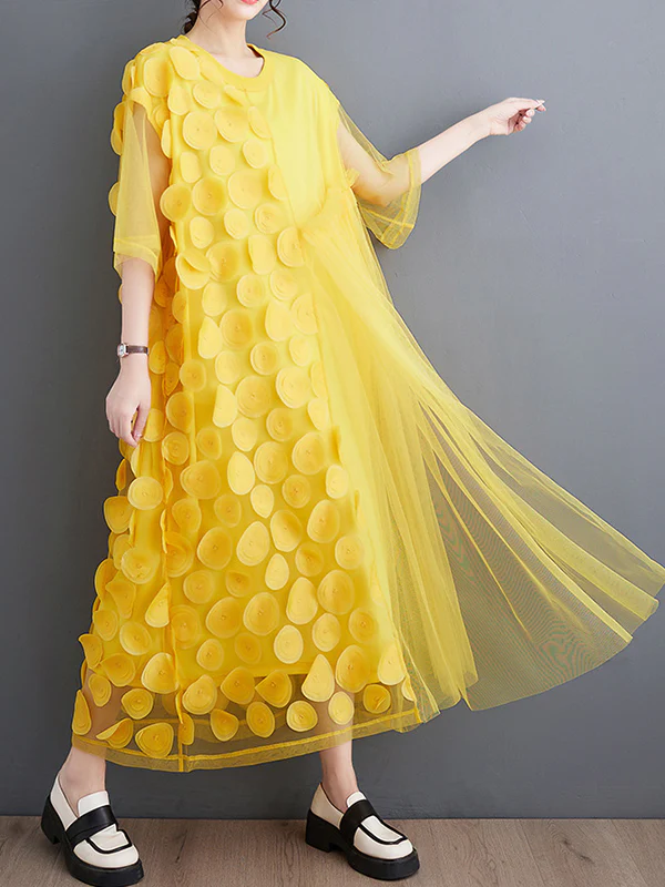 Loose Short Sleeves Asymmetric Gauze Split-Joint Round-Neck Midi Dresses - Image 2