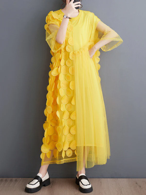 Loose Short Sleeves Asymmetric Gauze Split-Joint Round-Neck Midi Dresses - Image 3