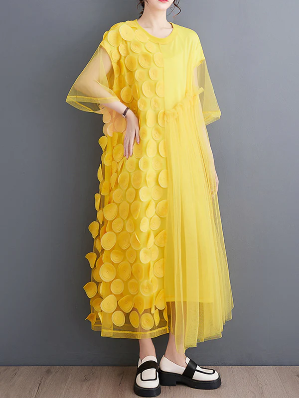 Loose Short Sleeves Asymmetric Gauze Split-Joint Round-Neck Midi Dresses - Image 4